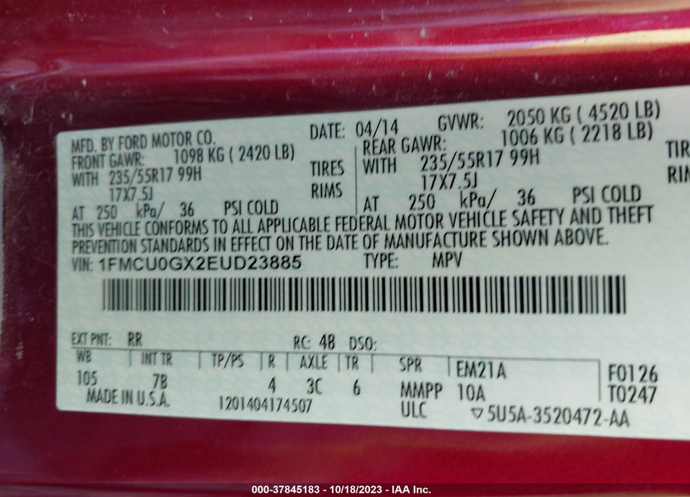 2014 FORD ESCAPE SE VIN: 1FMCU0GX2EUD23885