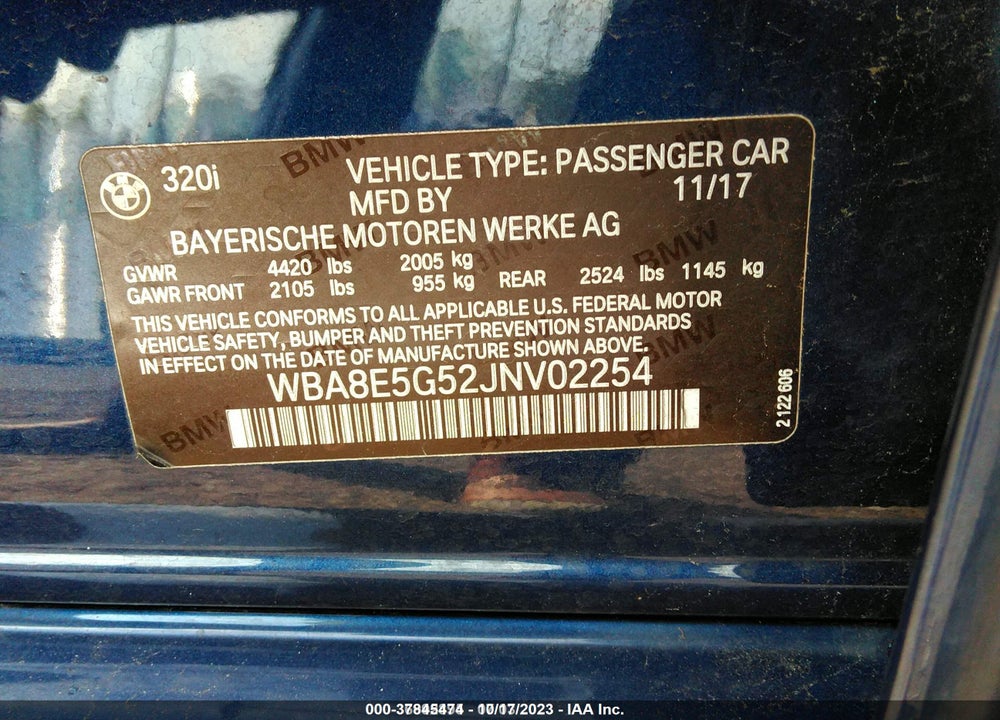 2018 BMW 320I XDRIVE VIN: WBA8E5G52JNV02254