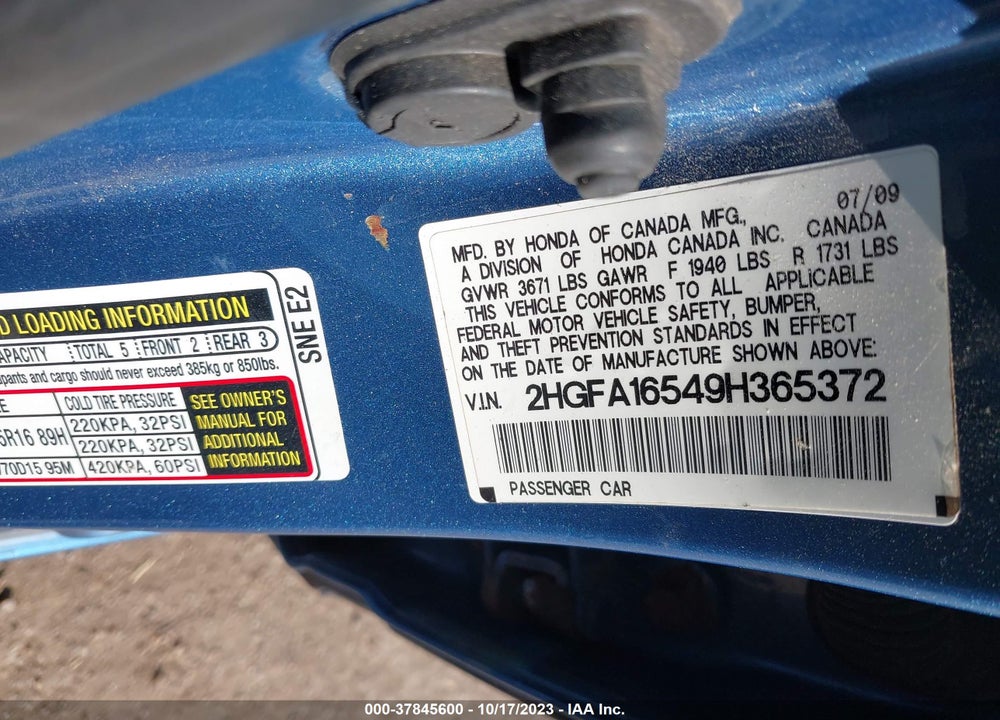 2009 HONDA CIVIC LX VIN: 2HGFA16549H365372