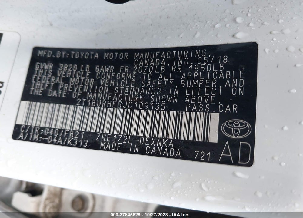 2018 TOYOTA COROLLA LE VIN: 2T1BURHE6JC109135