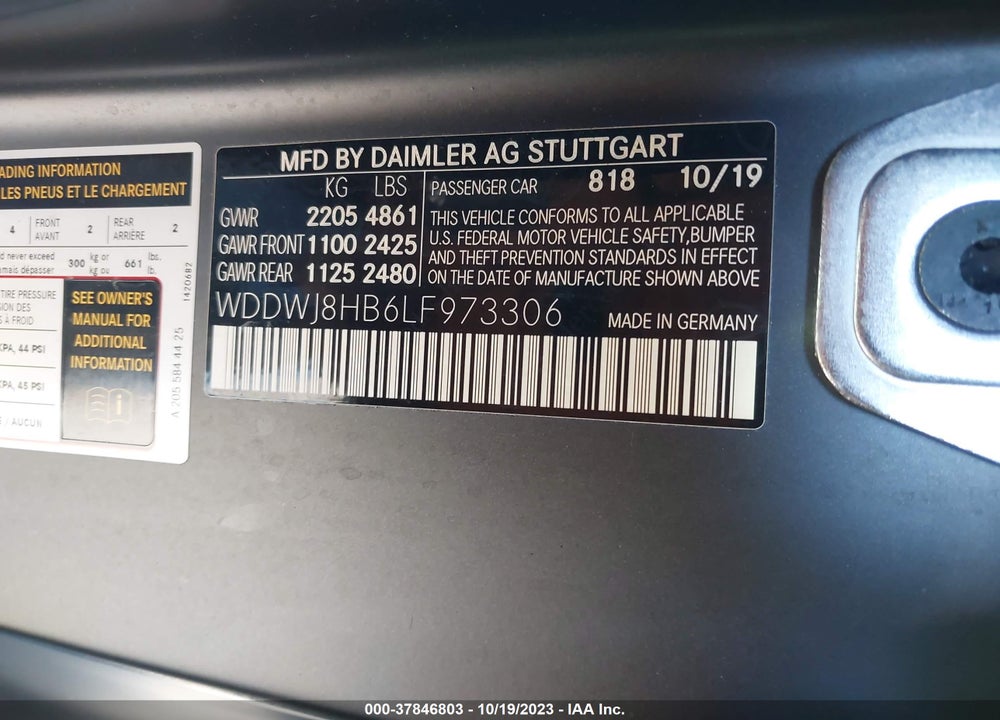 2020 MERCEDES-BENZ AMG C 63 S VIN: WDDWJ8HB6LF973306