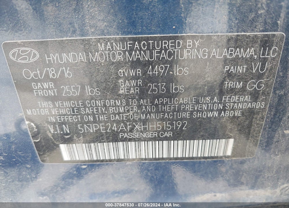 2017 HYUNDAI SONATA VIN: 5NPE24AFXHH515192