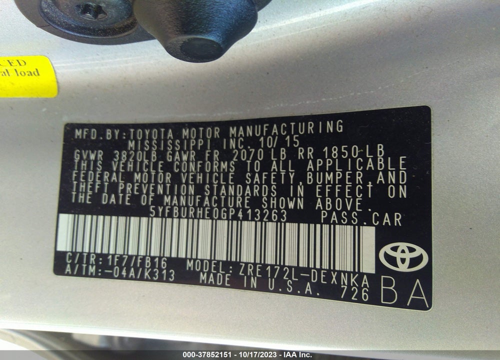 2016 TOYOTA COROLLA LE VIN: 5YFBURHE0GP413263