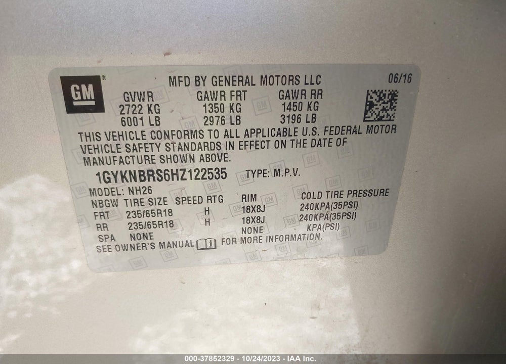 2017 CADILLAC XT5 LUXURY VIN: 1GYKNBRS6HZ122535