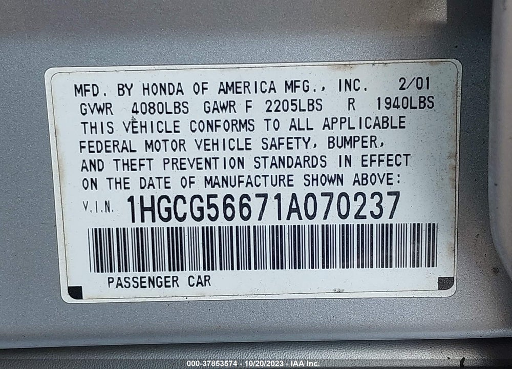 2001 HONDA ACCORD SDN EX W/LEATHER/EX VIN: 1HGCG56671A070237