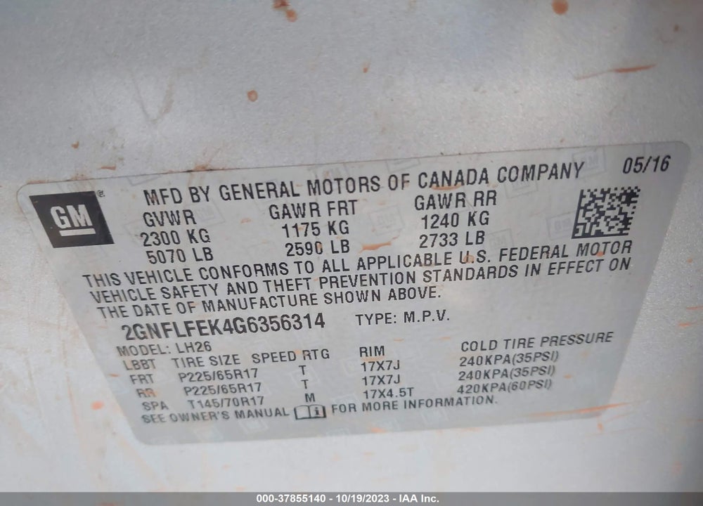 2016 CHEVROLET EQUINOX LT VIN: 2GNFLFEK4G6356314