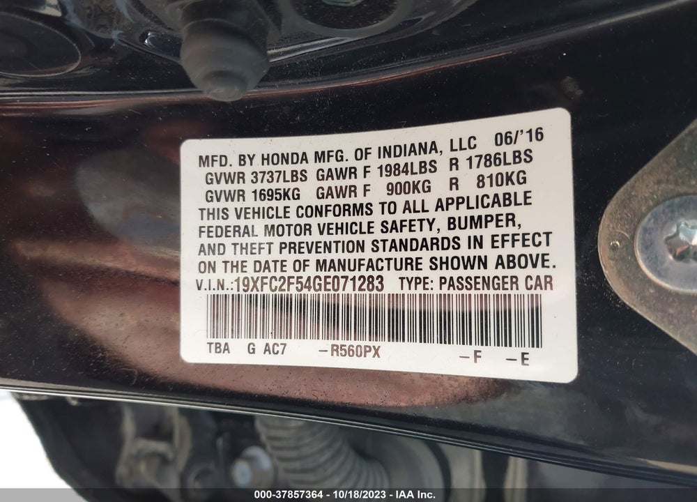 2016 HONDA CIVIC LX VIN: 19XFC2F54GE071283
