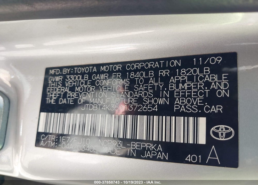 2010 TOYOTA YARIS VIN: JTDBT4K35A1372654