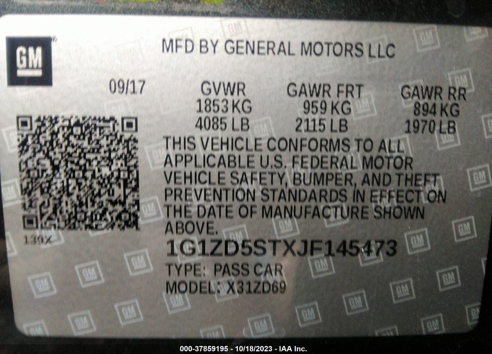 2018 CHEVROLET MALIBU LT VIN: 1G1ZD5STXJF145473