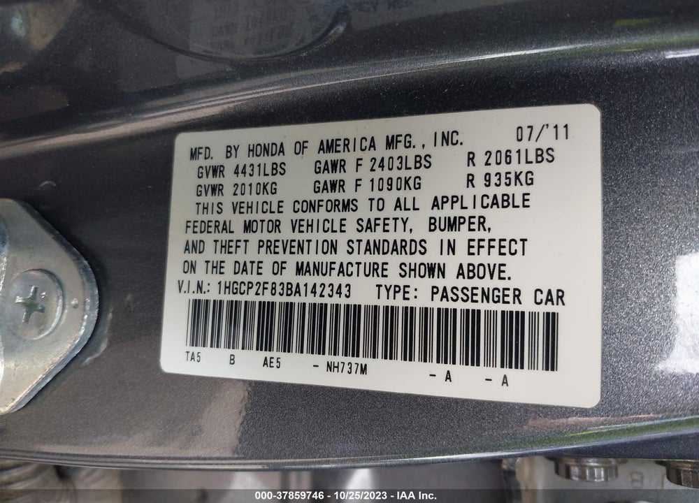 2011 HONDA ACCORD 2.4 EX-L VIN: 1HGCP2F83BA142343