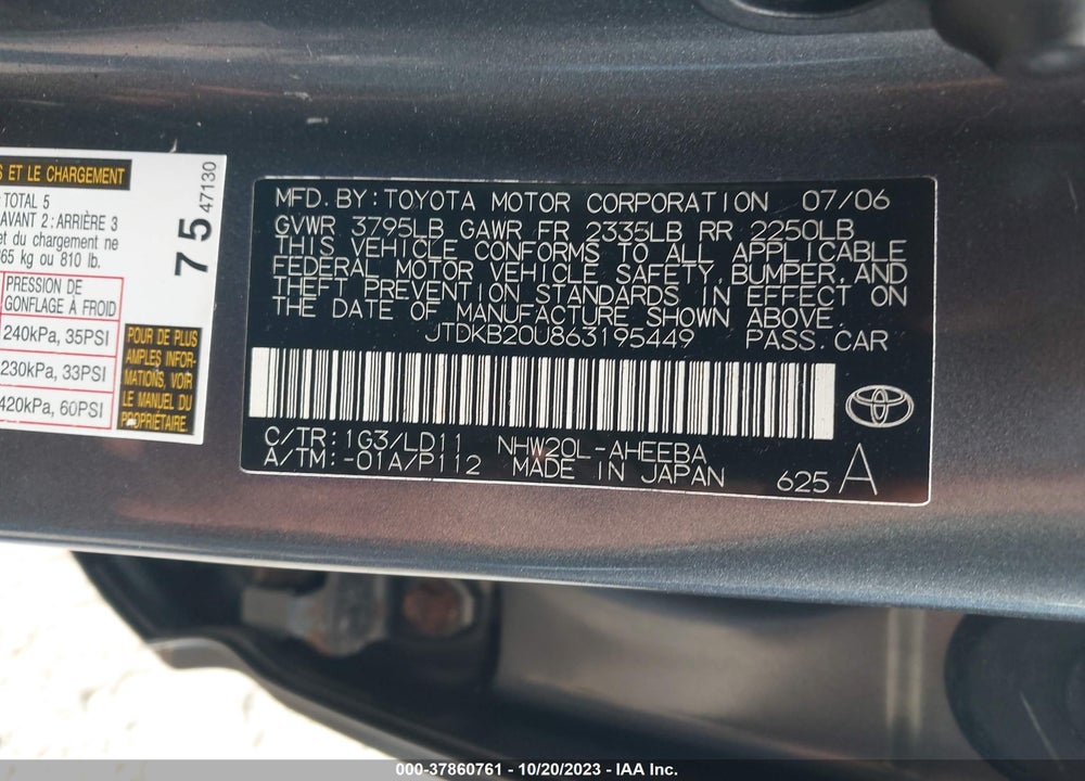 2006 TOYOTA PRIUS VIN: JTDKB20U863195449