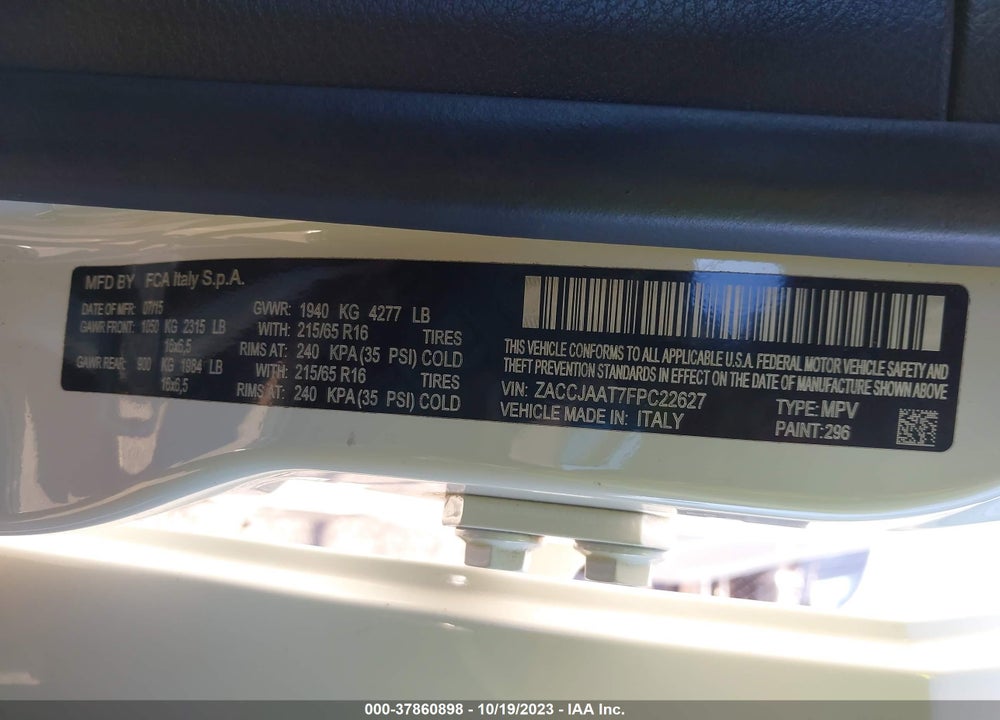2015 JEEP RENEGADE SPORT VIN: ZACCJAAT7FPC22627
