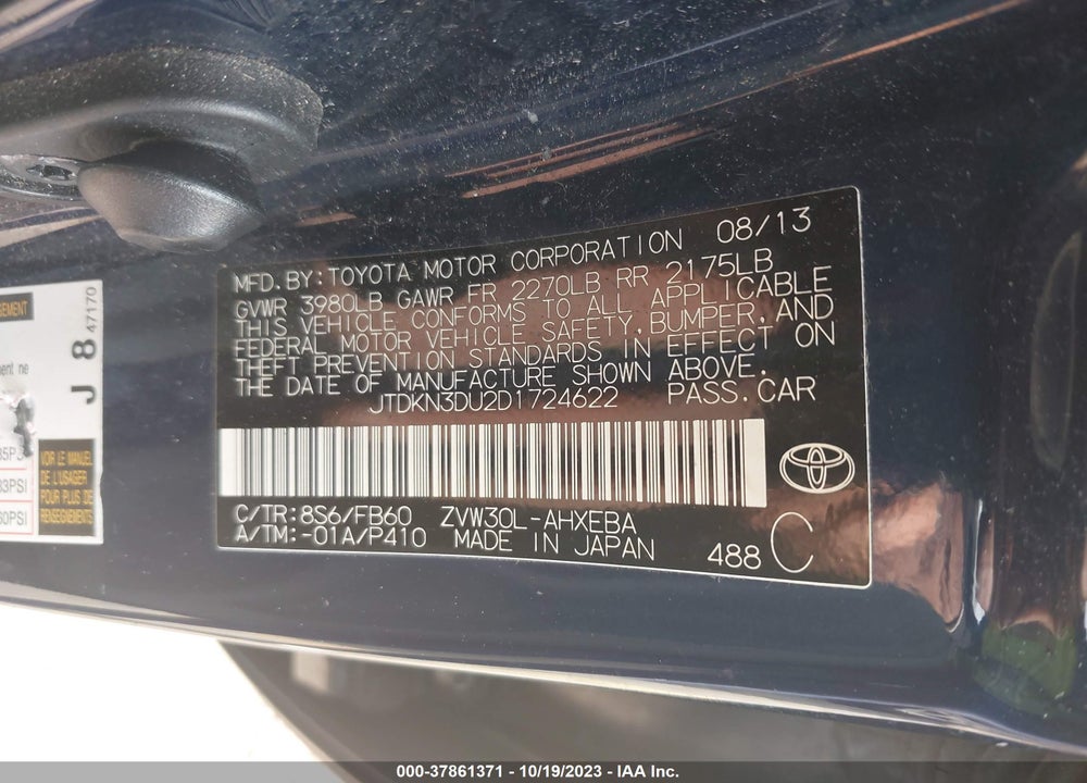 2013 TOYOTA PRIUS TWO VIN: JTDKN3DU2D1724622