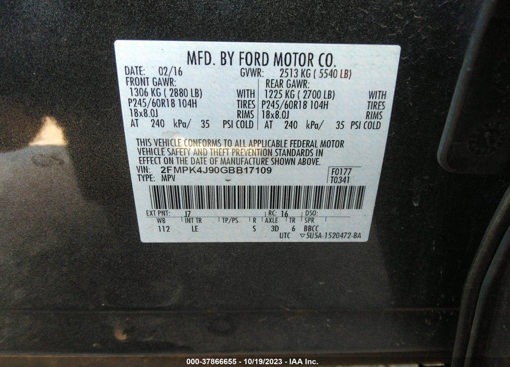 2016 FORD EDGE SEL VIN: 2FMPK4J90GBB17109