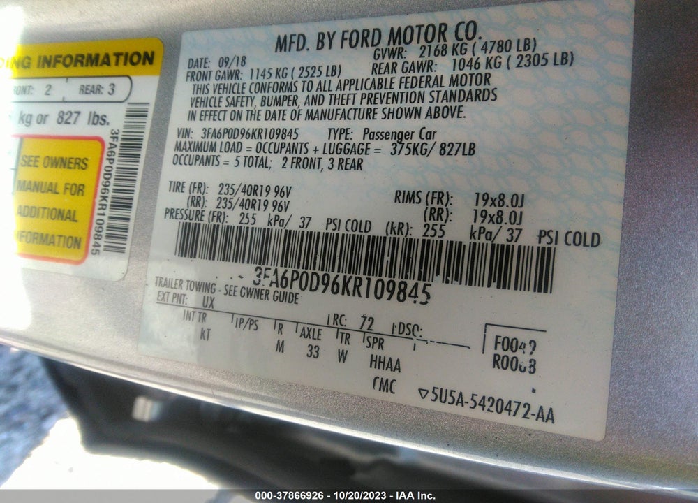 2019 FORD FUSION TITANIUM VIN: 3FA6P0D96KR109845