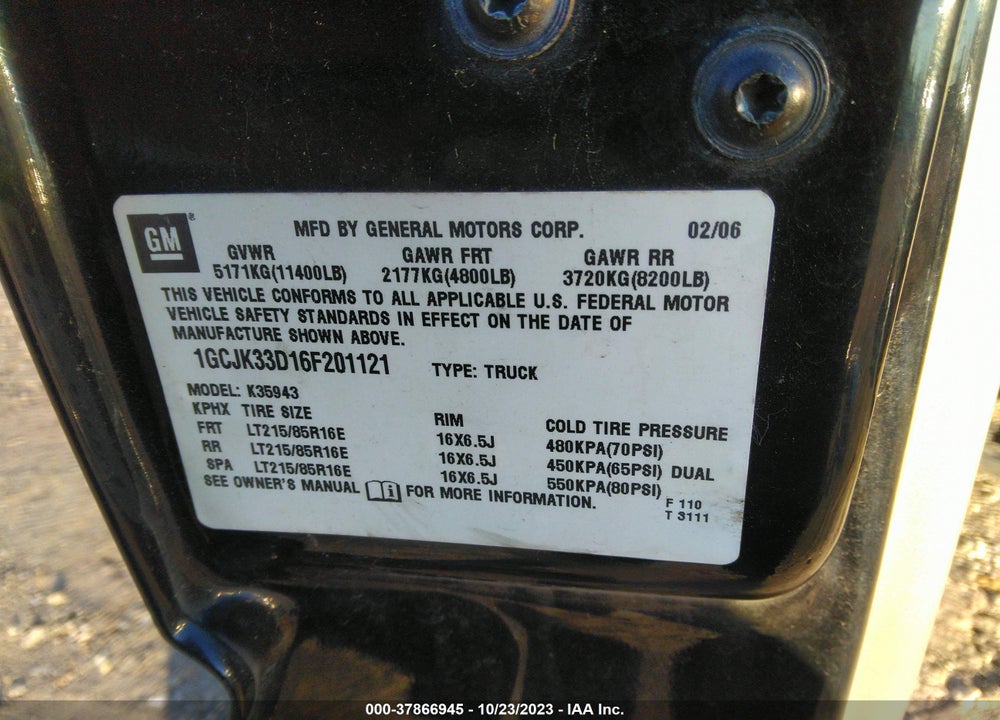 2006 CHEVROLET SILVERADO 3500 LT3 VIN: 1GCJK33D16F201121
