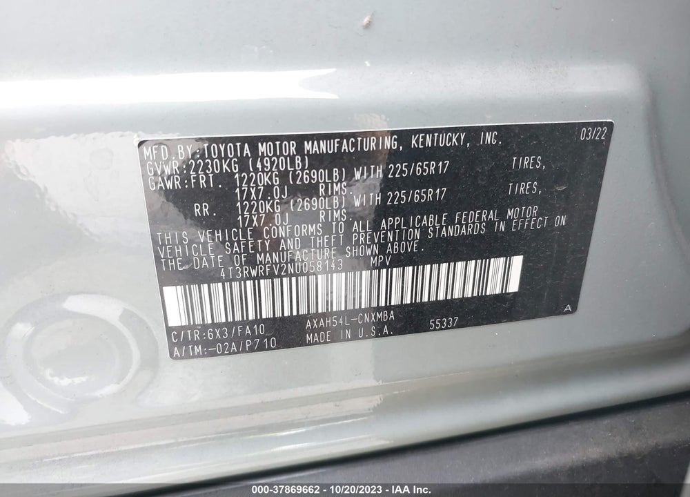 2022 TOYOTA RAV4 XLE HYBRID VIN: 4T3RWRFV2NU058143