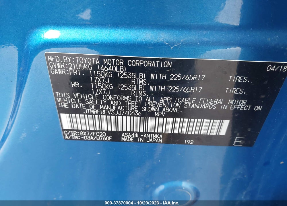 2018 TOYOTA RAV4 XLE VIN: JTMRFREV3JJ740636