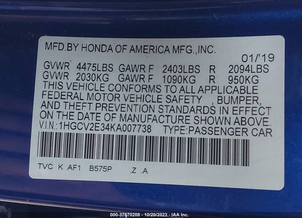 2019 HONDA ACCORD SPORT 2.0T VIN: 1HGCV2E34KA007738