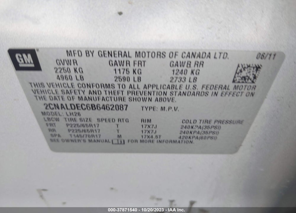 2011 CHEVROLET EQUINOX 1LT VIN: 2CNALDEC6B6462087