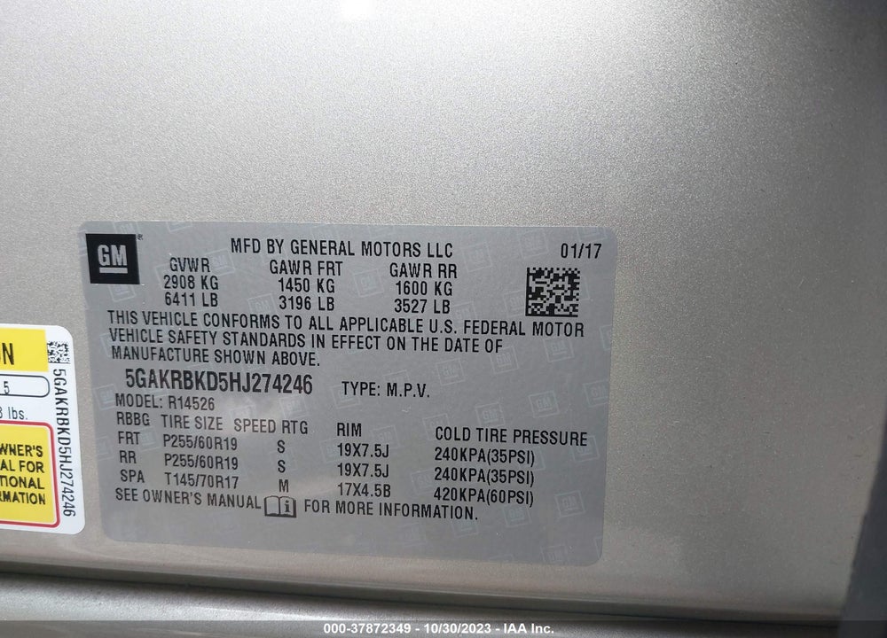 2017 BUICK ENCLAVE LEATHER VIN: 5GAKRBKD5HJ274246
