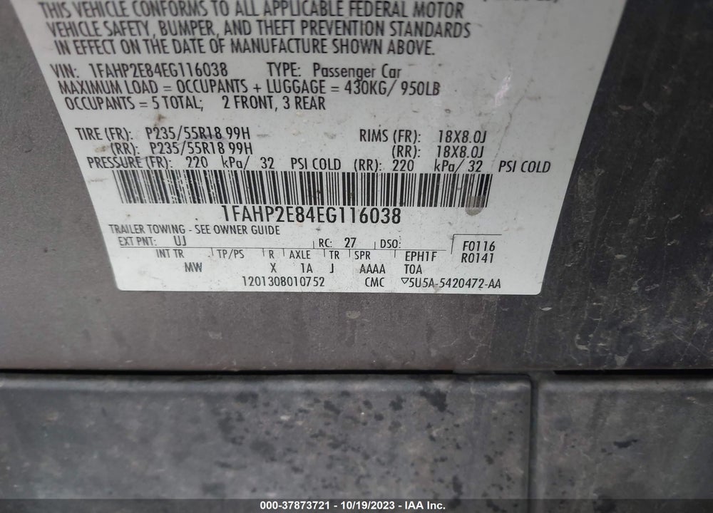 2014 FORD TAURUS SEL VIN: 1FAHP2E84EG116038