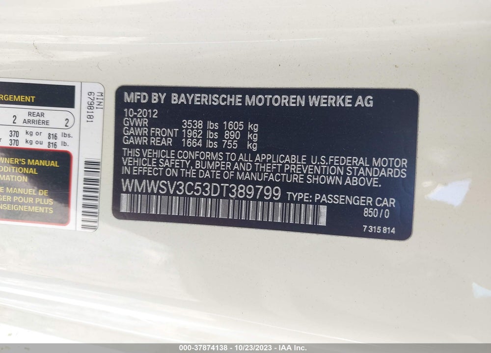 2013 MINI HARDTOP COOPER S VIN: WMWSV3C53DT389799