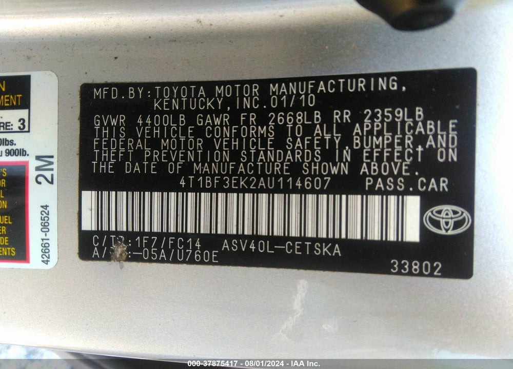 2010 TOYOTA CAMRY SE VIN: 4T1BF3EK2AU114607
