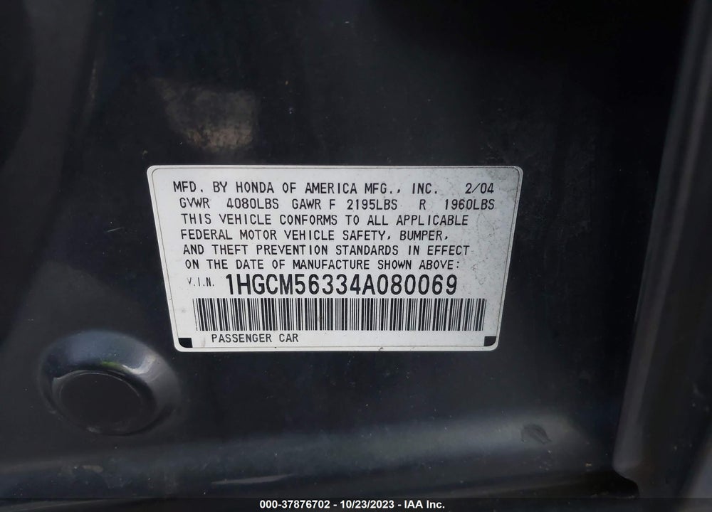 2004 HONDA ACCORD 2.4 LX VIN: 1HGCM56334A080069