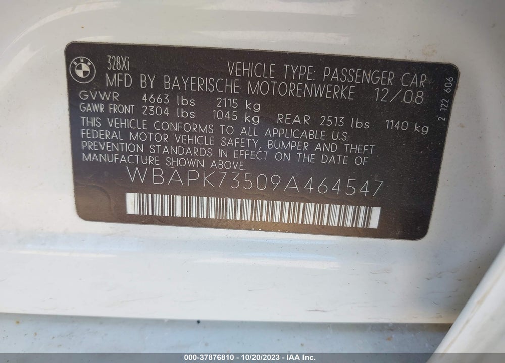 2009 BMW 328I VIN: WBAPK73509A464547