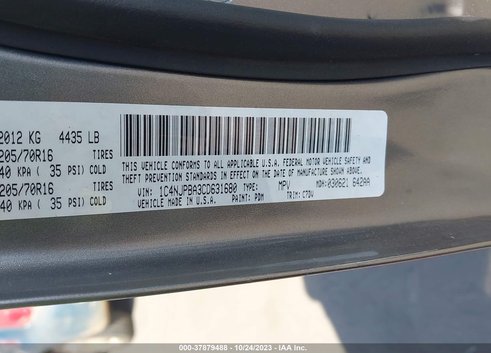 2012 JEEP PATRIOT SPORT VIN: 1C4NJPBA3CD631680