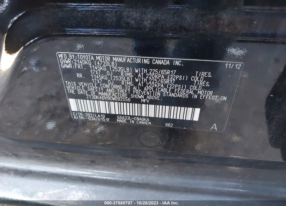 2012 TOYOTA RAV4 LIMITED V6 VIN: 2T3DK4DV9CW092556