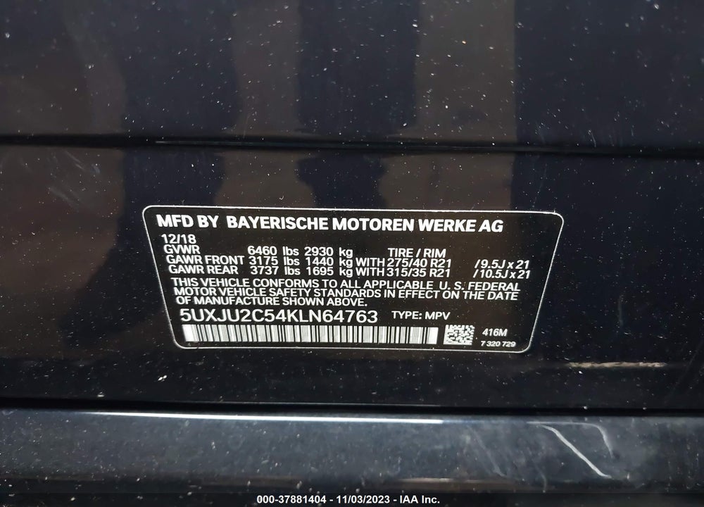 2019 BMW X5 XDRIVE50I VIN: 5UXJU2C54KLN64763