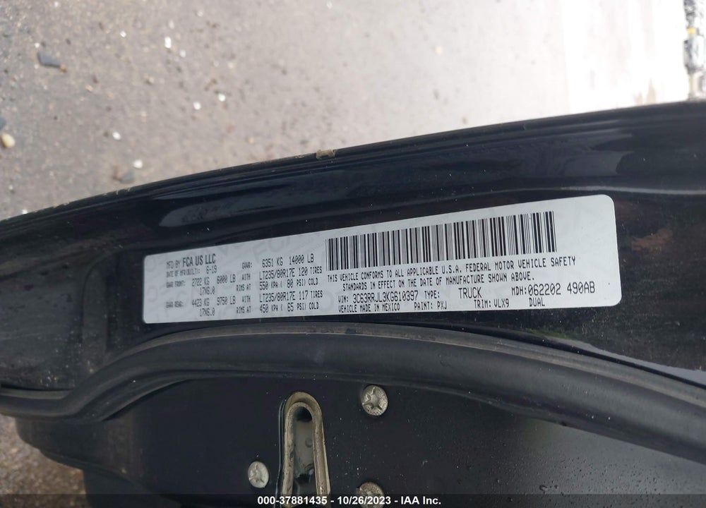 2019 RAM 3500 LAIE  4X4 8' BOX VIN: 3C63RRJL3KG610397
