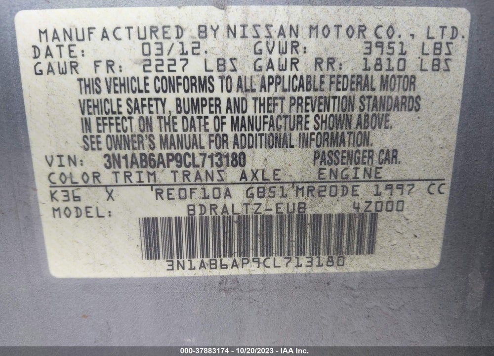 2012 NISSAN SENTRA 2.0 S VIN: 3N1AB6AP9CL713180