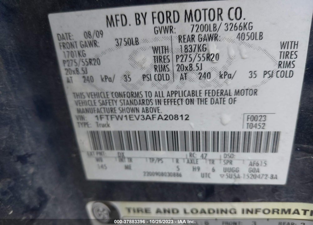 2010 FORD F-150 LARIAT/FX4/XL/XLT VIN: 1FTFW1EV3AFA20812
