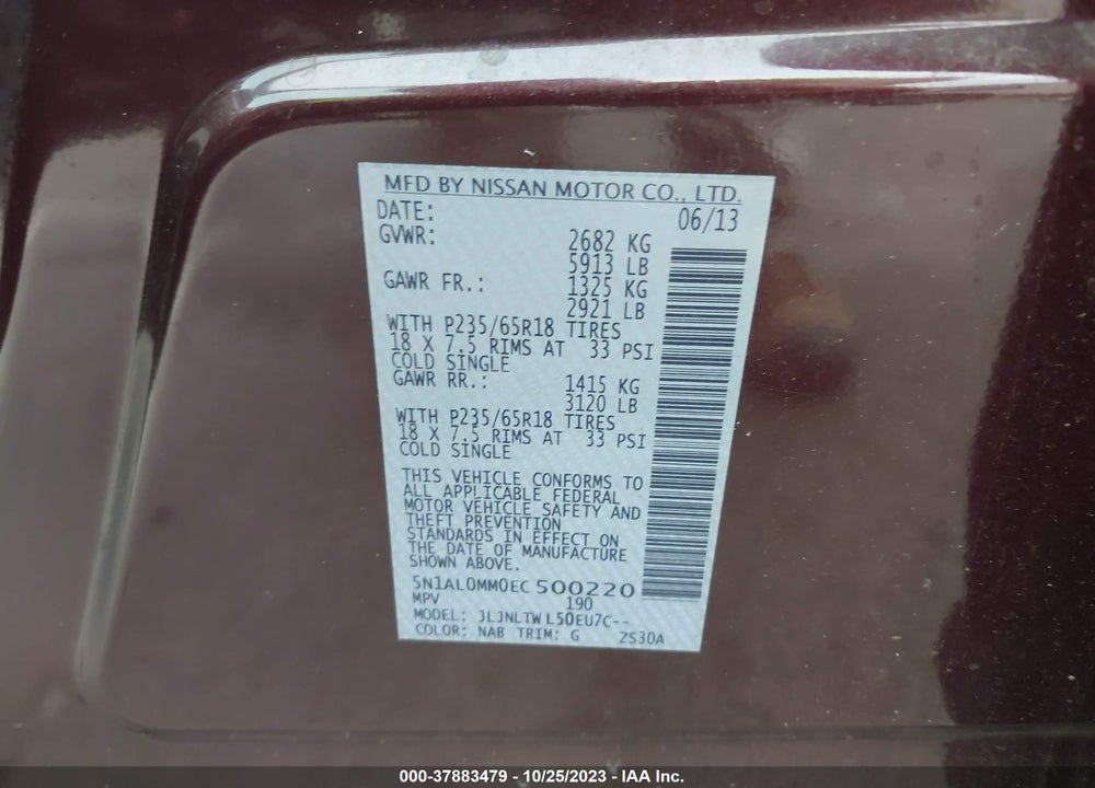 2014 INFINITI QX60 VIN: 5N1AL0MM0EC500220
