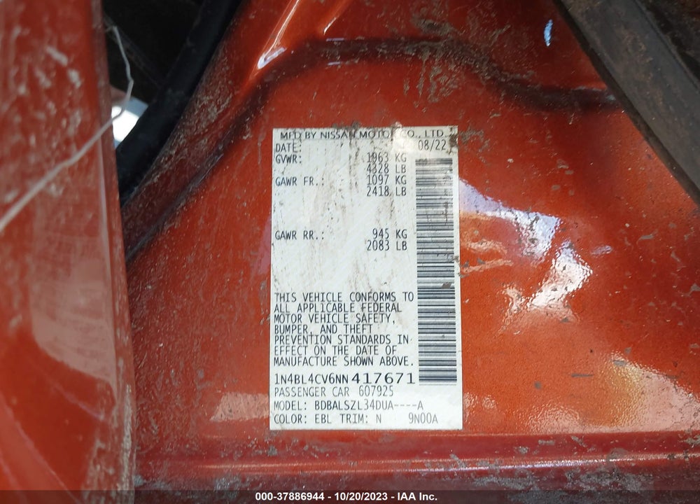 2022 NISSAN ALTIMA SR FWD VIN: 1N4BL4CV6NN417671