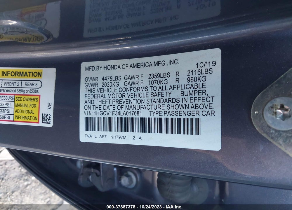 2020 HONDA ACCORD SPORT VIN: 1HGCV1F34LA017681