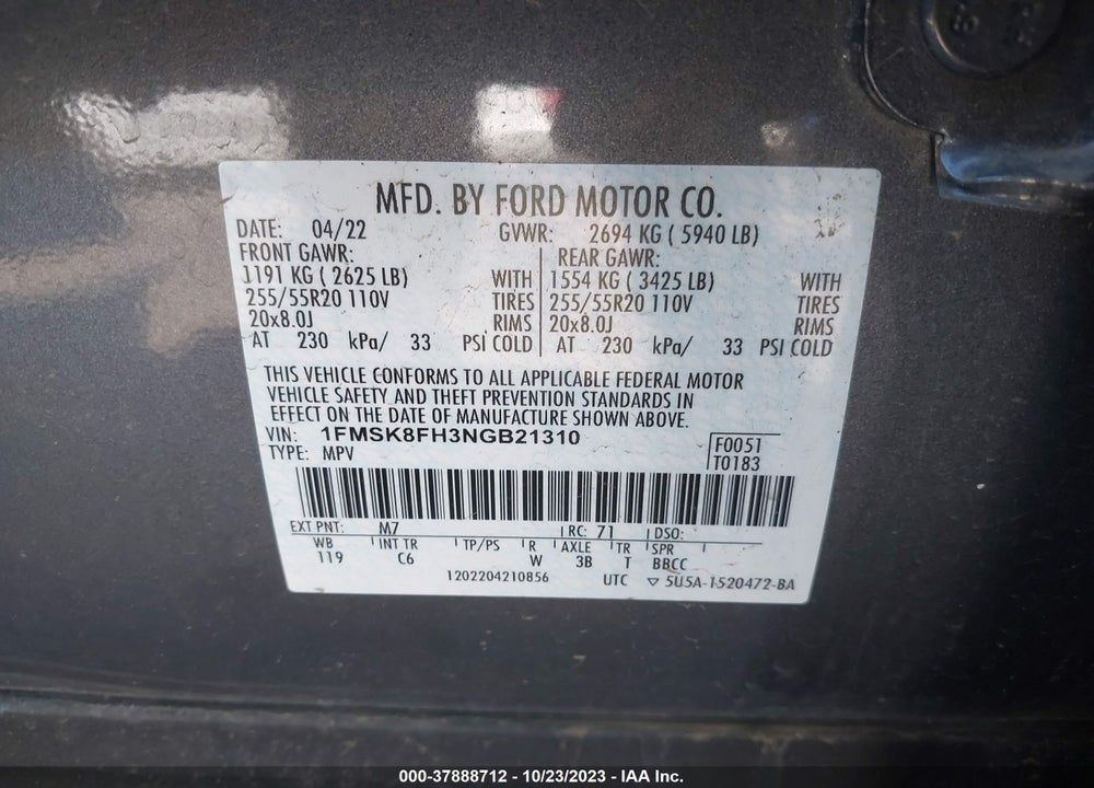 2022 FORD EXPLORER LIMITED VIN: 1FMSK8FH3NGB21310