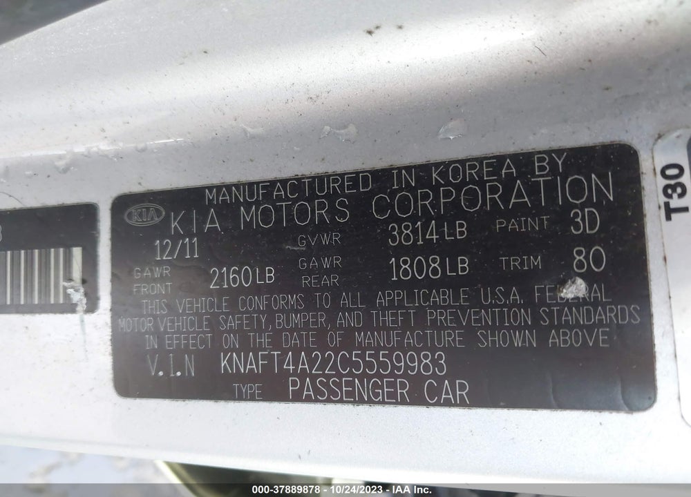 2012 KIA FORTE LX VIN: KNAFT4A22C5559983
