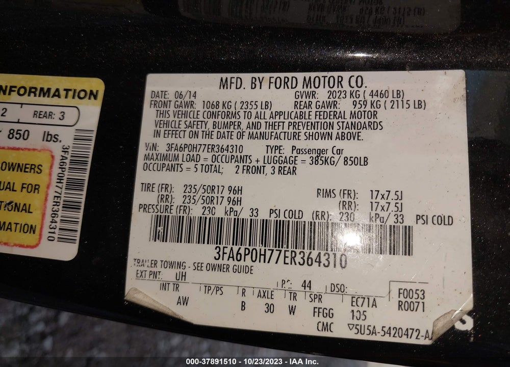 2014 FORD FUSION SE VIN: 3FA6P0H77ER364310