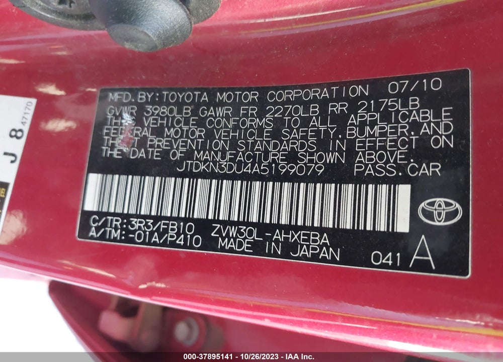 2010 TOYOTA PRIUS III VIN: JTDKN3DU4A5199079