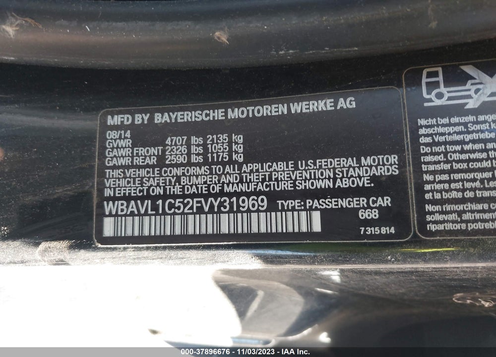 2015 BMW X1 XDRIVE28I VIN: WBAVL1C52FVY31969