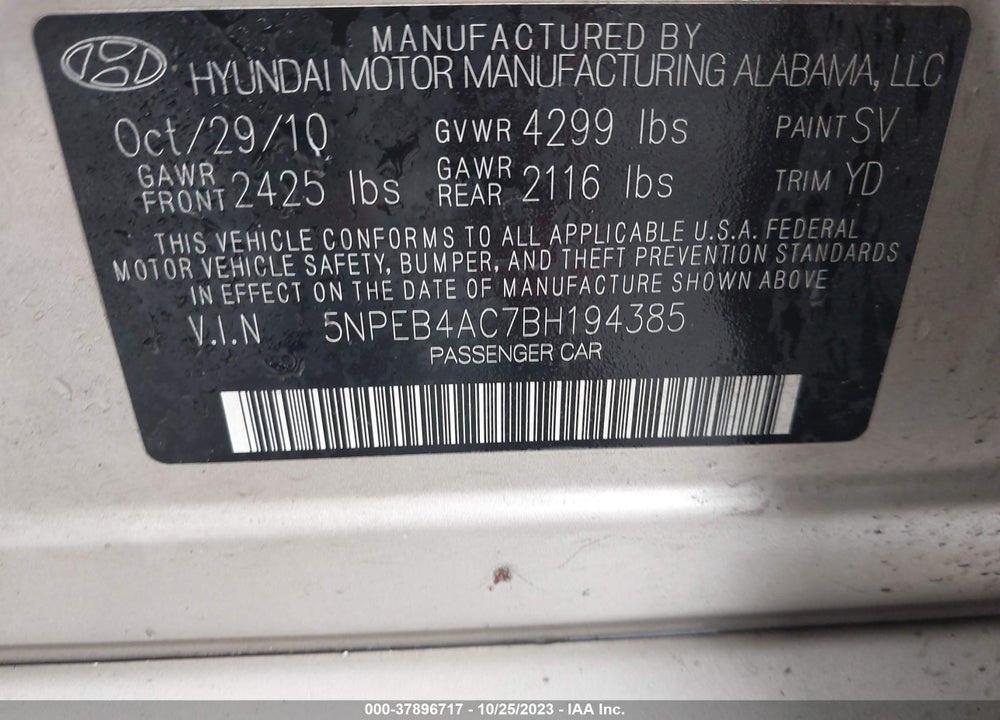 2011 HYUNDAI SONATA GLS VIN: 5NPEB4AC7BH194385