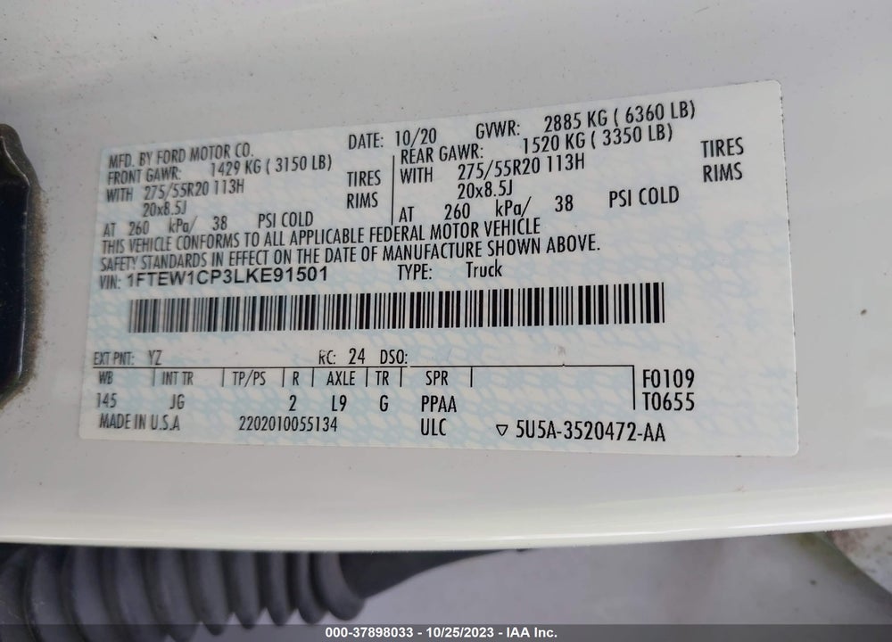 2020 FORD F-150 XL VIN: 1FTEW1CP3LKE91501