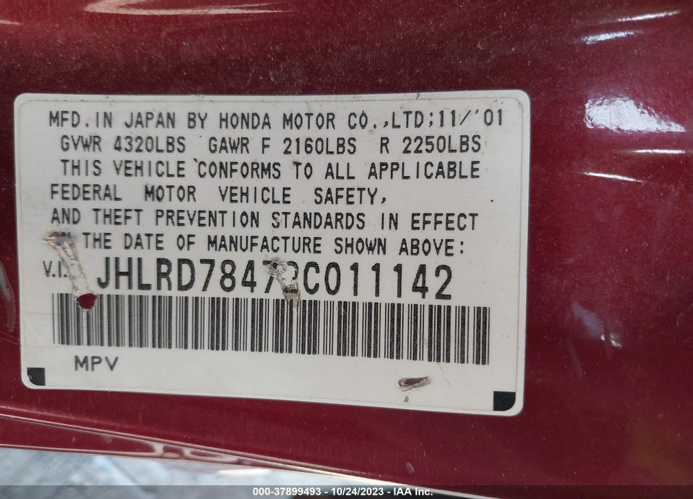 2002 HONDA CR-V LX VIN: JHLRD78472C011142