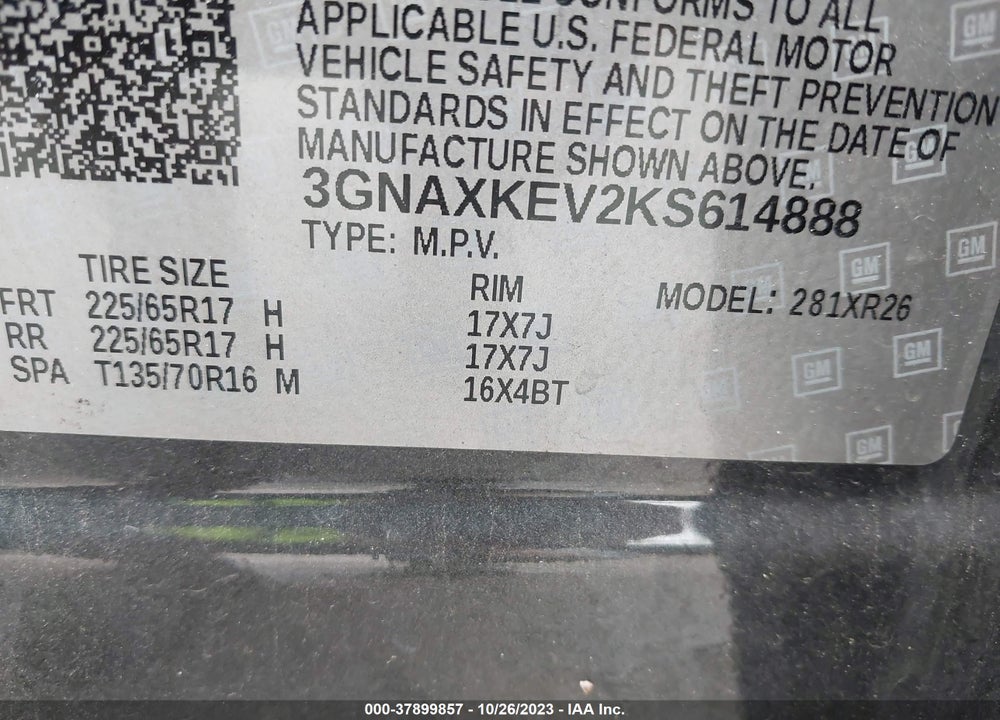 2019 CHEVROLET EQUINOX VIN: 3GNAXKEV2KS614888