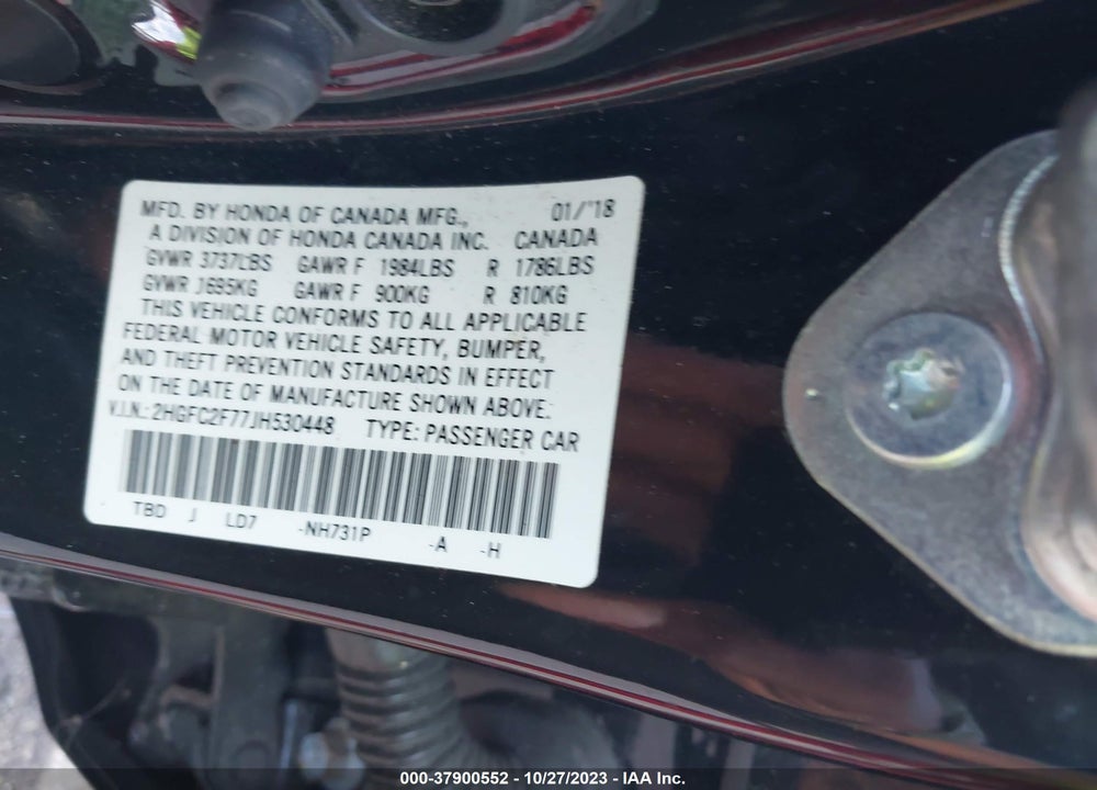 2018 HONDA CIVIC EX VIN: 2HGFC2F77JH530448