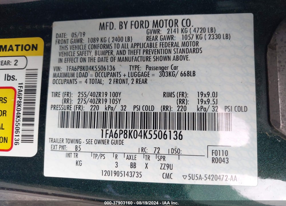 2019 FORD MUSTANG BULLITT VIN: 1FA6P8K04K5506136